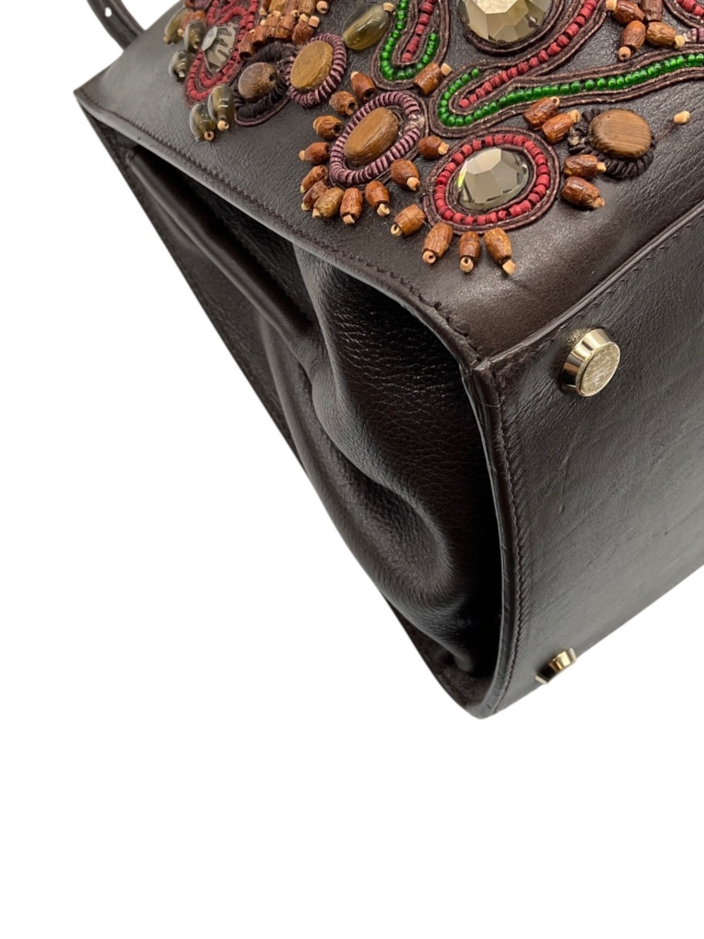 OSCAR DE LA RENTA BROWN MULTI BEADED AND STONE EMBELLISHED LEATHER HANDBAG - Picture 8 of 11